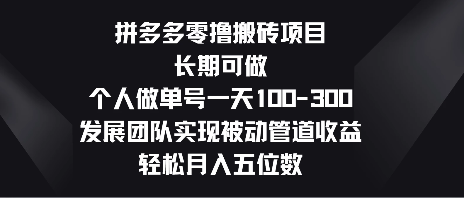拼多多零撸搬砖项目，长期可做，个人做单号一天100-300，发展团队实现被动管道收益，轻松月入五位数 - 网创智汇