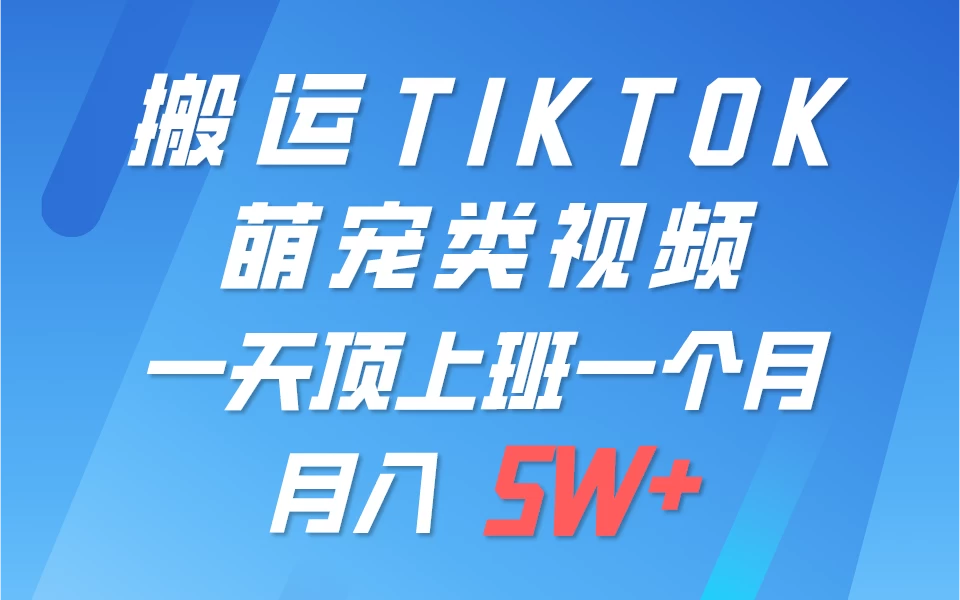 搬运tiktok萌宠视频，一部手机可做，项目长期稳定，月入5W+ - 网创智汇