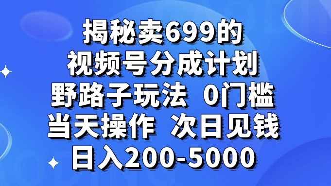 揭秘卖 699 的视频号分成计划野路子玩法，日入 200-5000，0 门槛，当天操作，次日见钱 - 网创智汇