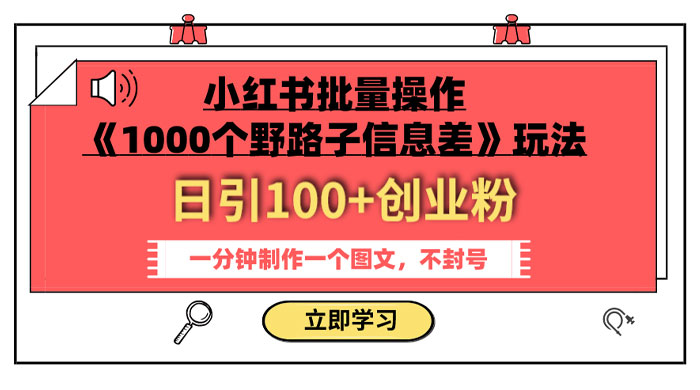 小红书批量操作《 1000 个野路子信息差》玩法，日引 100+ 创业粉，一分钟一个图文 - 网创智汇