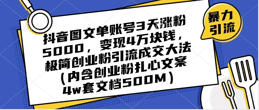 抖音图文单账号 3 天涨粉 5000，变现 4 W，极简创业粉引流成交大法（内含扎心文案） - 网创智汇