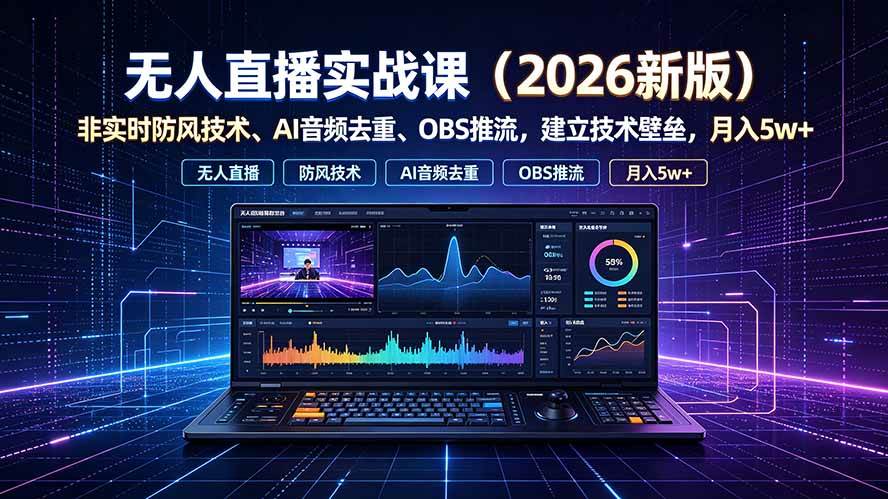 （19525期）无人直播实战课（更新7月），非实时防风技术、AI音频去重、OBS推流，建立技术壁垒，月入5w+ - 网创智汇