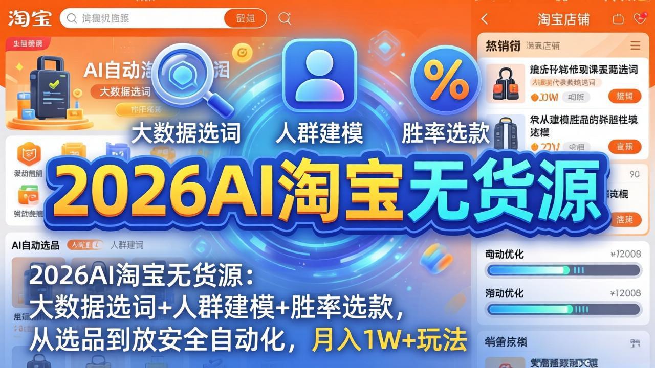 2026AI淘宝无货源：大数据选词+人群建模+胜率选款，从选品到放大全自动化，月入1W+玩法 - 网创智汇