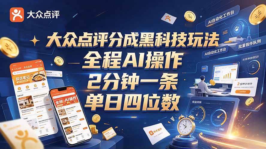 （21013期）大众点评分成全网独家玩法，AI 全自动出内容，2 分钟一条，小白可冲单日四位数 - 网创智汇