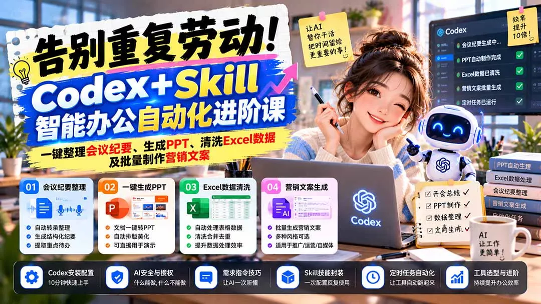 告别重复劳动！Codex+Skill智能办公自动化进阶课：一键整理会议纪要、生成PPT、清洗Excel数据及批量制作营销文案 - 网创智汇