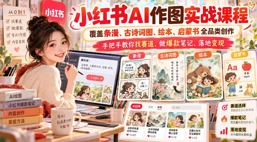 小红书AI作图实战课程，覆盖条漫、古诗词图、绘本、启蒙书全品类创作，手把手教你找赛道、做爆款笔记、落地变现(更新1017) - 网创智汇