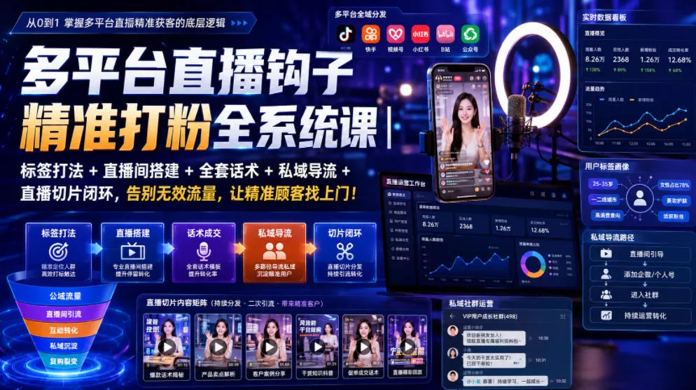 多平台直播钩子精准打粉全系统课｜标签打法+直播间搭建+全套话术+私域导流+直播切片闭环，告别无效流量，让精准顾客找上门！ - 网创智汇