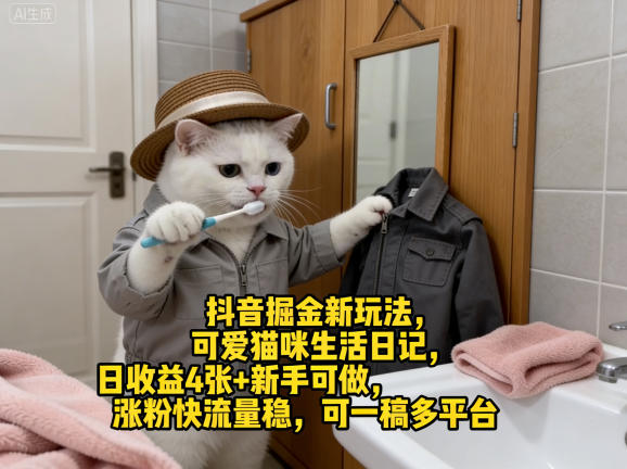 抖音掘金新玩法，可爱猫咪生活日记，日收益4张+新手可做，涨粉快流量稳，可一稿多平台 - 网创智汇