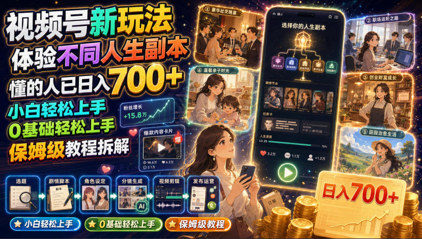 视频号新玩法体验不同人生副本，懂的人已日入700+，小白轻松上手，0基础轻松上手，保姆级教程拆解 - 网创智汇