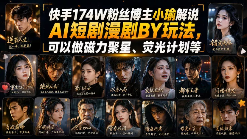 快手174W粉丝博主小瑜解说AI短剧漫剧搬运玩法，可以做磁力聚星、荧光计划等