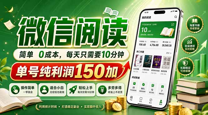 最新微信阅读，每日10分钟，单号利润150+，可批量放大操作，简单0成本 - 网创智汇