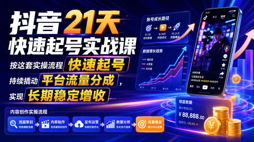 抖音21天快速起号实战课，按这套实操流程快速起号，持续撬动平台流量分成，实现长期稳定增收 - 网创智汇