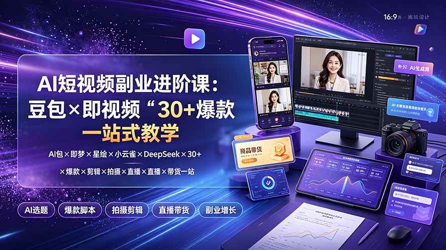 （19458期）AI短视频副业进阶课：豆包×即梦×星绘×小云雀×DeepSeek×30+爆款×剪辑×拍摄×直播×带货一站式教学 - 网创智汇