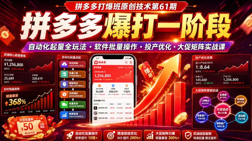拼多多打爆班原创技术第61期，拼多多爆打一阶段，自动化起量全玩法・软件批量操作・投产优化・大促矩阵实战课 - 网创智汇
