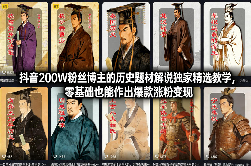 抖音200W粉丝博主的历史题材解说独家精选教学，零基础也能作出爆款涨粉变现 - 网创智汇