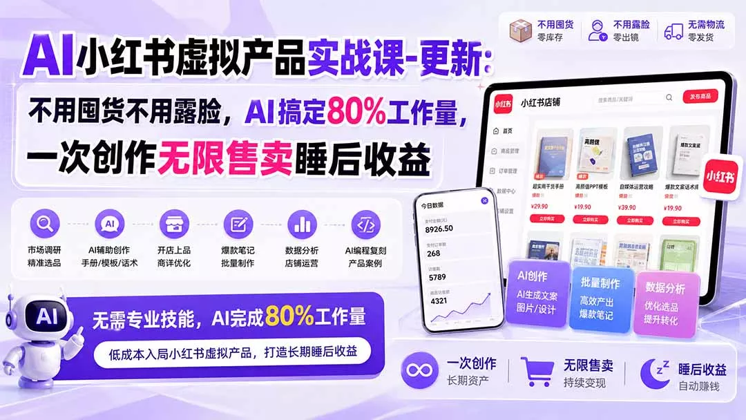 AI小红书虚拟产品实战课-更新1017：不用囤货不用露脸，AI搞定80%工作量，一次创作无限售卖睡后收益 - 网创智汇