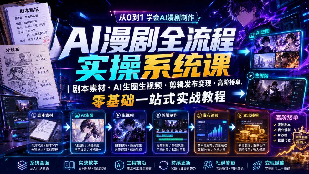 AI漫剧全流程实操系统课｜剧本素材・AI生图生视频・剪辑发布变现・高阶接单，零基础一站式实战教程 - 网创智汇