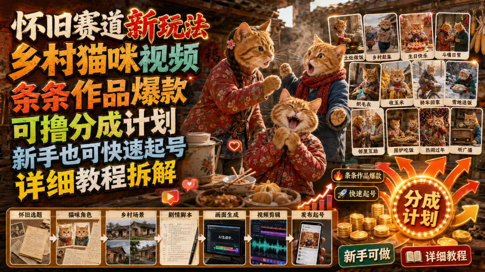 怀旧赛道新玩法，乡村猫咪视频，条条作品爆款，可撸分成计划，新手也可快速起号，详细教程拆解 - 网创智汇